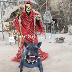 Santa Muerte En Fiber De Verre Finition Faucheuse avec Statue de chien pour la décoration Extérieure - Product Image 2