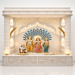 Modern Teak Wood Pooja Temple in White Finish Luxury White Teak Wood Ram Darbar Pooja <b>Mandir</b> High-End Wooden Hindu Shrine - Product Image 1