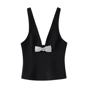 Black color bow tie with beading shoulder strap cotton hot sale casual fashion tank top for women