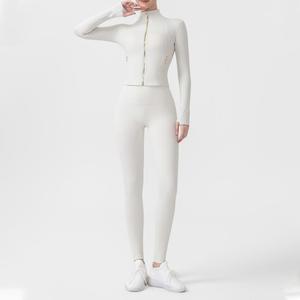USA Warehouse Women Cropped Jacket Leggings Set High Waist Seamless Yoga Set Quick Dry Slim Fit Workout Set For Gym - Product Image 4