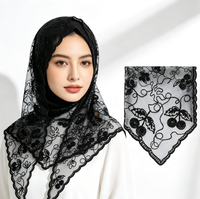 Hijab triangulaire en polyester à motif de feuilles de cerisier et dentelle, bord festonné, broderie 3D, style foulard