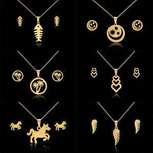 Nuevo Conjunto de Joyería de Moda para Novia, Collar y Aretes con Colgante de Espina de Pescado, Ala de Caballo y Flor, en Acero Inoxidable Dorado, para Mujer - Product Image 1
