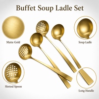 Ensemble de louches à soupe et cuillères ajourées en acier inoxydable 304 doré satiné mat, à long manche, pour buffet, hôtel, restaurant, vente en gros