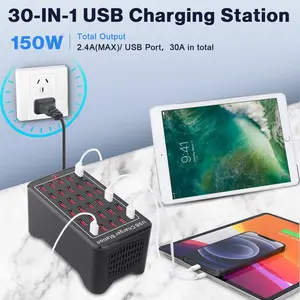 30-Port USB Charging Station 150W 30A Multi-Port USB Hub Charger With Smart Detect For Multiple Devices Smartphones Tablets