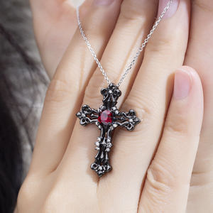 MSN-896 S925 Black Rhodium Cross With Lab Grown <b>Ruby</b> Gemstone Silver And Lab Grown Diamond Religious Pendant - Product Image 4