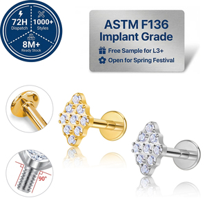 Серьги-лабреты JIAXIN из имплантационного титана ASTM F136 с позолотой 18K и цирконами, с внутренней резьбой, для пирсинга хеликса, трагуса, губы, свадебные украшения для тела - Product Image 1