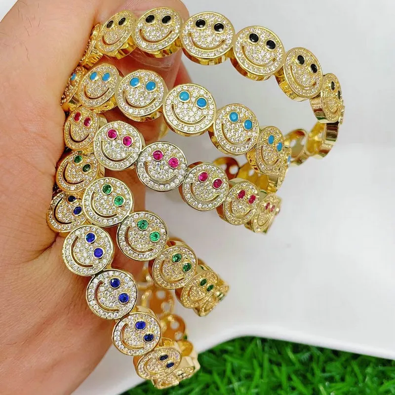 Fun Women Jewelry 18k Gold plated Rainbow Zircon Happy Face Smiley Statement Stacking Brass Bangle Bracelets