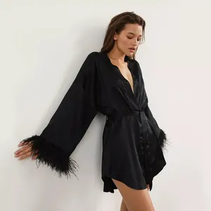 Camisola de pena de avestruz, vestido noturno de mangas compridas para primavera, roupa de dormir sensual e romântica