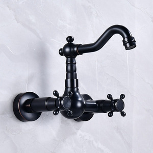 <span class=keywords><strong>Robinet</strong></span> <span class=keywords><strong>mural</strong></span> de cuisine et salle de bain HUBEN en laiton antique, design classique européen, double poignée, finition brossée bleu et blanc - Product Image 3