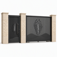 Portail coulissant en aluminium 6063-T5 avec colonnes en pierre empilées, motif feuille de palmier, noir mat, entrée de villa