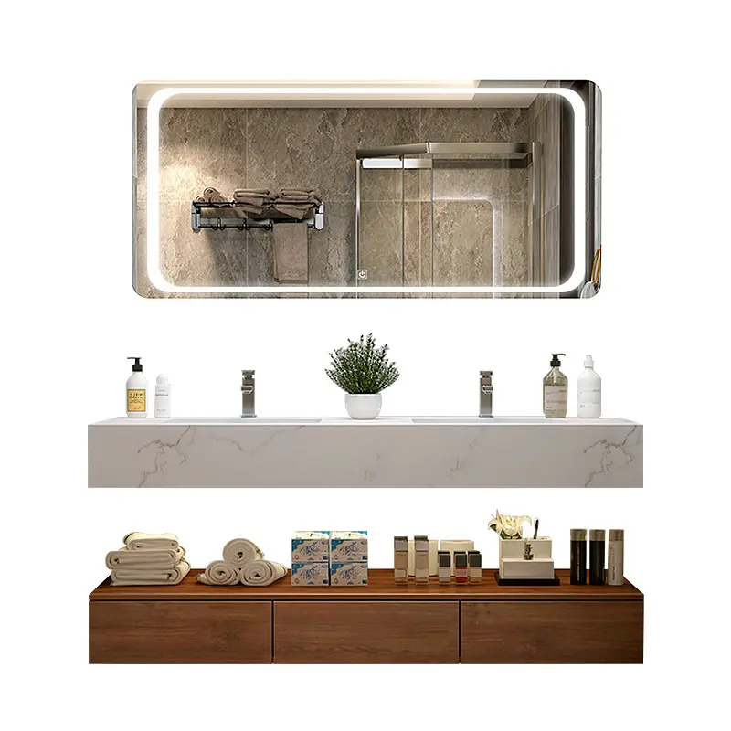 Mobile da bagno con design a doppio lavabo con cerniera e specchio in acciaio inossidabile