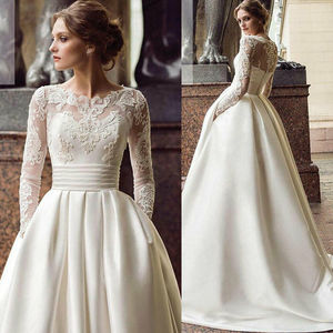 European American Style Wedding Dress <b>White</b> High Waist Sweetheart Neckline Long Sleeve <b>Lace</b> Applique A Line Gown Plus Size - Product Image 1