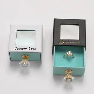 Boîte cadeau en papier d'emballage de bijoux de luxe à tiroirs coulissants personnalisés avec poignée pour bague bracelet paquet de bijoux avec diamant