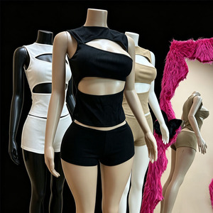 Ensemble 2 pièces <span class=keywords><strong>sexy</strong></span> pour femme, patchwork ajouré, couleur unie, <span class=keywords><strong>crop</strong></span> top sans manches et short - Product Image 1