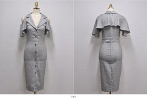 Abito Estivo Grigio con Spalle Scoperte, Maniche Corte, Scollatura a V, Vestito Aderente da Donna con Cintura, Sexy ed Elegante per Feste, Abito Midi a Tubino - Product Image 5