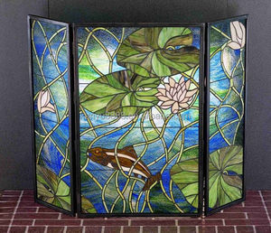 Écran de cheminée Tiffany en verre teinté, style campagnard européen, motif lotus et poissons, en étain massif, 40''*28'' - Product Image 5