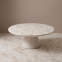 Table basse de luxe en mosaïque de marbre travertin, piédestal conique coupé, étanche, pour hôtels, appartements, complexes hôteliers, villas et projets de rénovation.