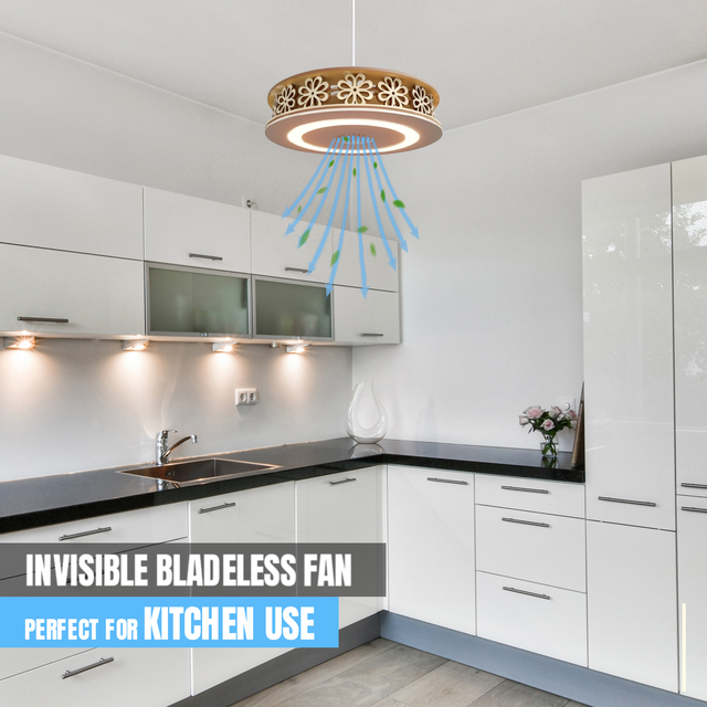 Smart Wood Bladeless Ceiling Fan Light Combo DC Motor LED Dimmable 5 Speed Silent Operation Energy Saving For Living Room