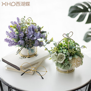 Ensemble de fleurs artificielles, vase en céramique doré, fleurs en soie de couleur cardamome, violet, rose, vert, décoration d'intérieur, plante en pot, style nordique - Product Image 3