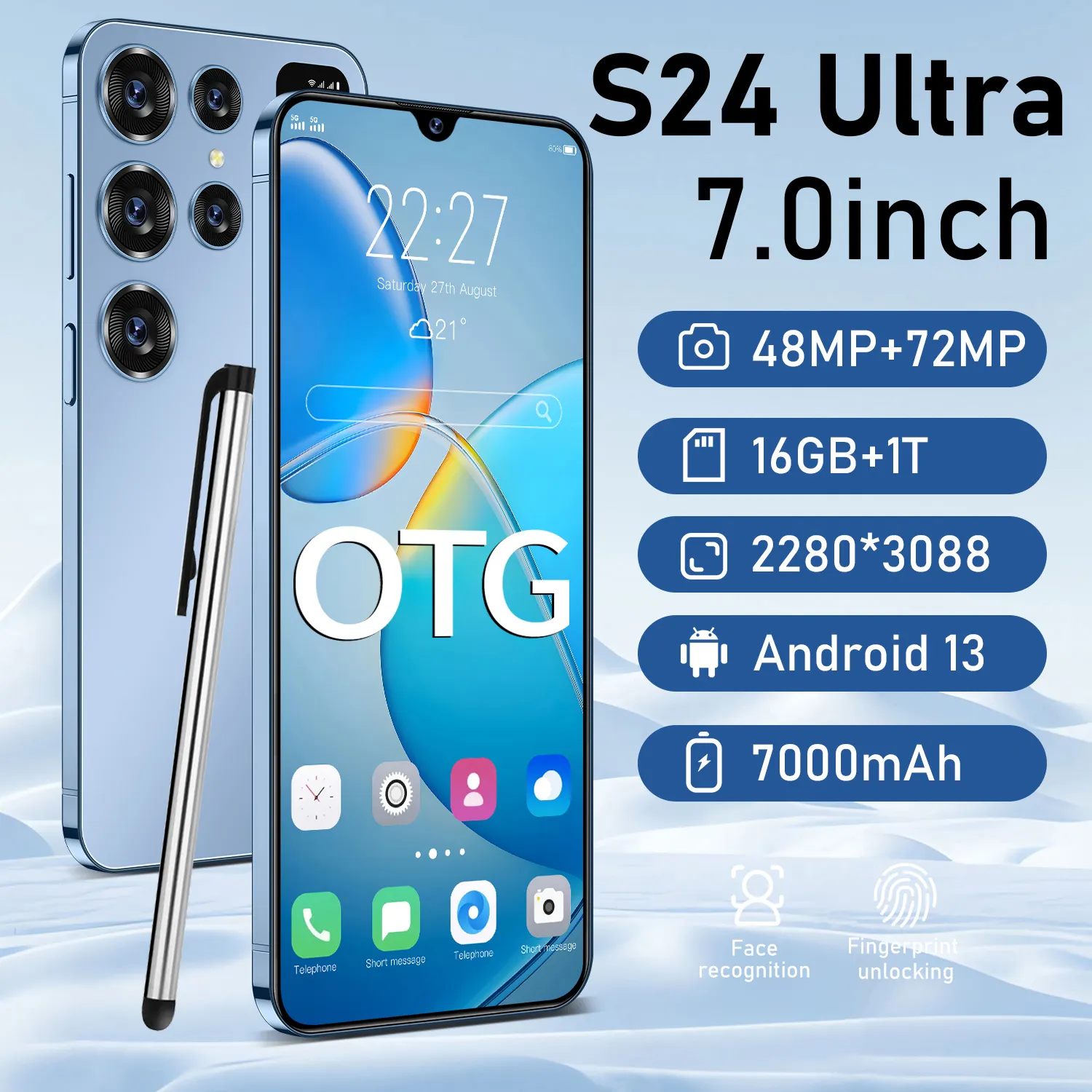 2024 S24 Ultraโทรศัพท์มือถือเดิม16GB + 512GBสมาร์ทโฟน7นิ้วปลดล็อคDual Card 5Gโทรศัพท์Android 13.0โทรศัพท์มือถือ