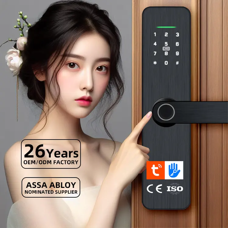 Kunci sidik jari biometrik Aloi seng dengan aplikasi jaringan WiFi Tuya TTLOCK untuk Hotel pintu aluminium baja kayu