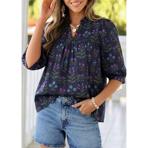 Chemise à fleurs pour femmes, manches courtes, col en V, style bohème, en mousseline de soie respirante, pour le printemps et l'été, décontractée, à porter tous les jours - Product Image 3