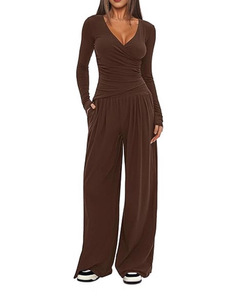 Bộ đồ nữ thời trang công sở thanh lịch, kiểu dáng riêng hoặc in logo theo yêu cầu, áo kiểu V gợi cảm và quần ống rộng, chất liệu trơn. - Product Image 3