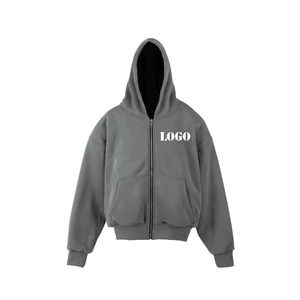 Sudadera con capucha para hombre, diseño liso, con logo personalizado, cierre corto con cremallera, color gris, de algodón, sin cordón, talla grande, en oferta. - Product Image 1