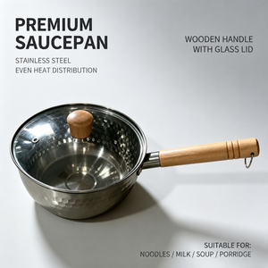 Premium Stainless Steel Saucepan With Wooden Handle And Glass <b>Lid</b> For Noodles Milk Soup Porridge - Product Image 1
