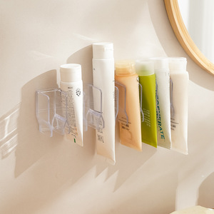 Estante de almacenamiento para baño, montado en la pared, sin necesidad de taladro, transparente, blanco, 4 niveles, estante para cosméticos, soporte para limpiador facial y pasta de dientes - Product Image 1