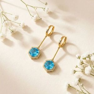 Natural Sky Blue Topaz Cubic Zirconia Hexagon Drop <b>Earrings</b> in 925 Sterling <b>Silver</b> or 18K Gold Filled Elegant Gemstone <b>Dangle</b> - Product Image 5