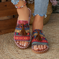 Sandales à franges ethniques bohèmes pour femmes, imprimées colorées, confortables, à bout ouvert, pour l'été, décontractées, plage