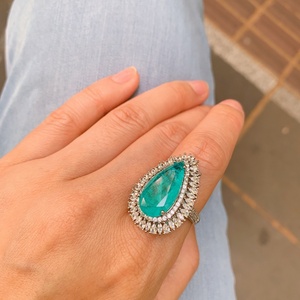 Bijoux de mode écologiques en cuivre plaqué or, zircon Paraiba 10*20mm, ensemble collier, boucles d'oreilles et bague, vente en gros, fabriqué en Chine - Product Image 4