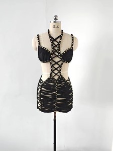 A11891 <span class=keywords><strong>Abito</strong></span> <span class=keywords><strong>Mini</strong></span> Bodycon da Donna in Chiffon Bianco con Dettagli Dorati, Vestito Sexy da Festa Lavorato all'Uncinetto - Product Image 2