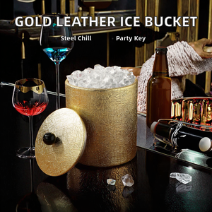 Stainless Steel Gold Classic Party Ice <b>Bucket</b> <b>Lid</b> Ice Tong for Wine <b>Bucket</b> Metal PU Leather Beer Bottle Cooler - Product Image 2
