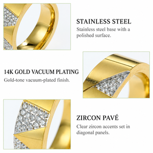 Wide Stainless <b>Steel</b> Zircon <b>Ring</b> with Diagonal Pavé Panels and 14K Gold Vacuum Plating - Product Image 3