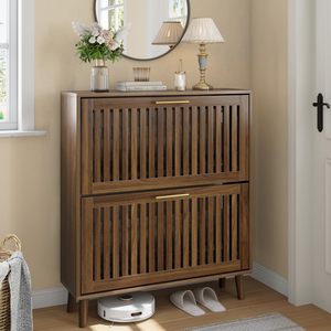 SENYU Modern <b>Wood</b> <b>Shoe</b> Cabinet with Slatted Doors 2 Shelves Space Saving Entryway Storage Furniture Freestanding Midcentury Desi - Product Image 1
