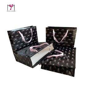 Sacs shopping en papier recyclable de luxe avec poignées en ruban, logo estampé à chaud, design noir, pour usage professionnel et shopping - Product Image 2