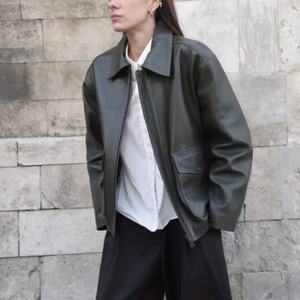 Veste en cuir véritable pour femme, style décontracté minimaliste, fermeture éclair, veste en cuir vintage, style Old Money, double poche - Product Image 1