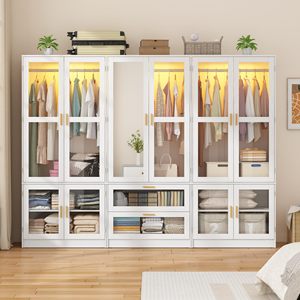 <span class=keywords><strong>Armadio</strong></span> di Lusso con Porte in Vetro LED, Ampio Guardaroba per Camera da Letto con <span class=keywords><strong>Specchio</strong></span> e Asta Appendiabiti, Mobile Contenitore in Legno Bianco - Product Image 1