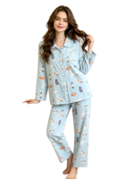 Ensemble de pyjama de luxe en pur coton pour femme, motif floral mignon, manches longues, taille élastique, respirant, printemps-automne, col rabattu