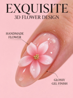 Faux ongles à presser French manucure dégradé rose pêche, ongles artificiels brillants en amande avec motif floral 3D, 24 pièces