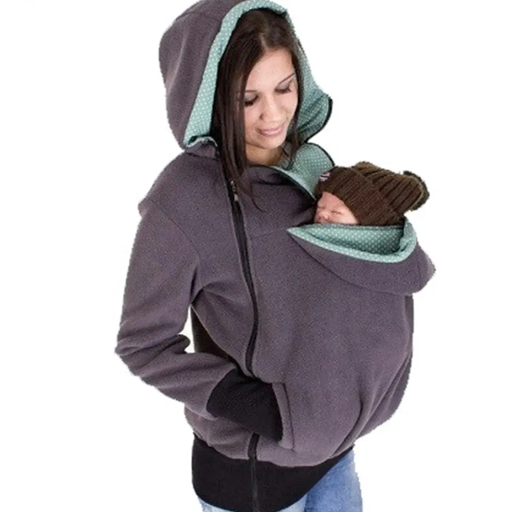 Women's Fleece Zip Up Maternity Baby Wearing Carrier Hoodie Sweatshirt Nursing Kangaroo Jacket Pullover Maternity Outerwear