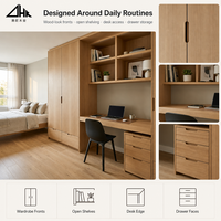 Armoire moderne aspect bois clair avec bureau intégré, étagères ouvertes et meuble de rangement à trois tiroirs