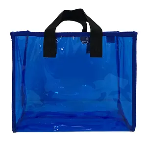 समय पर डिलीवरी समय कस्टम लोगो महिलाओं के लिए सुरक्षित चेक आउटडोर पारदर्शी साफ़ पीवीसी शॉपिंग टोट बैग के माध्यम से देखें