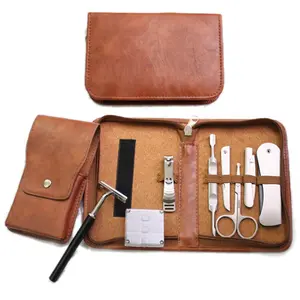 Deluxe Brown Leather Pouch Manicure & Pedicure Set Personal Adults Men Beard Shaving Care & Nail Care Kit