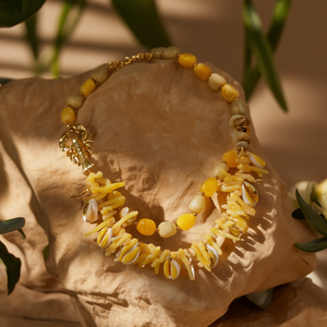 สร้อยคอลูกปัดแฟชั่นเปลือกสีเหลืองตะขอก้ามปูชุบทอง - Product Image 3