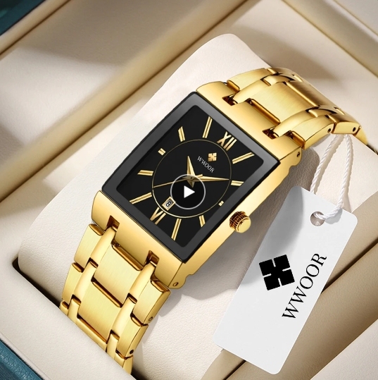 Wwoor 8858 Gold Men Square Mens Watches Reloj Hombre Brand Luxury Business Golden Quartz Stainless Steel Waterproof Wrist Watch