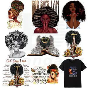Beautiful Blessed Lady Head Design Flex Heat Transfer Black Girl Printable Iron on Vinyl Stickers for T Shirts