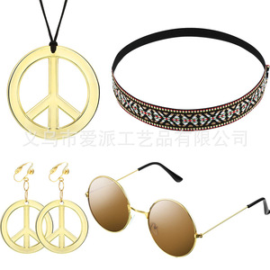 Conjunto de Disfraz Hippie, Collar con Colgante de la Paz, Pendientes, Gafas de Sol, Diadema, Accesorios para Fiesta, Joyería Unisex de Aleación de Zinc - Product Image 1
